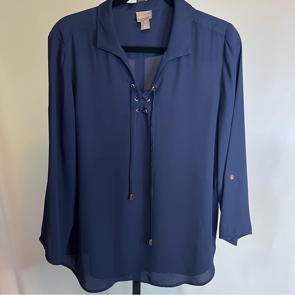 CHICO'S Dark Blue Lace-Up Blouse Size M